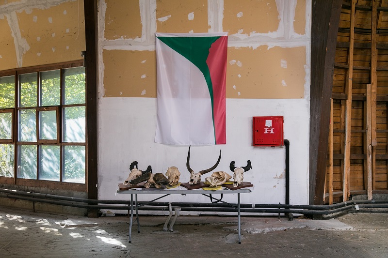Saša Tkačenko – Extreme Poverty (flag), print on textile (200 x 125 cm) and part of the Zdravko pečar hunting collection
        for the exhibition <i>Hunting Culture – The Donswo in Bamana tradition</i>  curated by Milica Josimov. photo: Ivan Zupanc